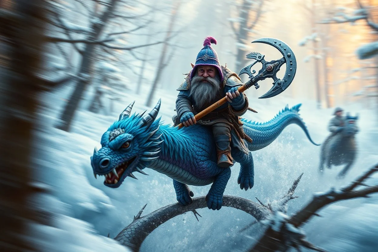 oil painting ,motion blur portrait of harpy - Forgotten Realms dodging cyberpunk armored dwarf with war half moon axe hammer with spikes, riding tiny furry blue and purple dragon above water and along winding branches in lush icy forest along speeding horses , bokeh like f/0.8, tilt-shift lens 8k, high detail, smooth render, down-light, unreal engine, prize winning