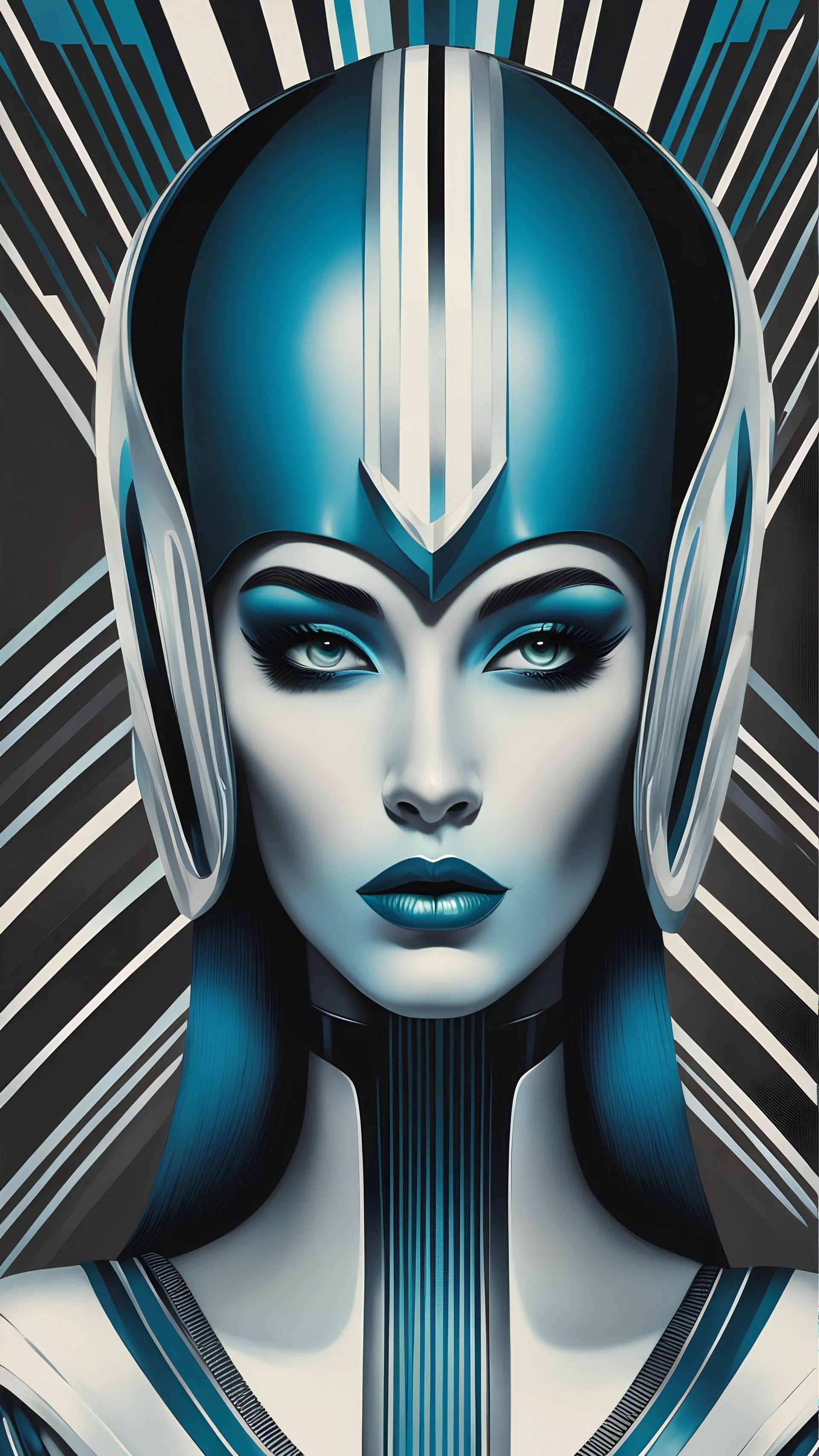 A vintage poster depicting an art deco style alien woman with blue skin, wearing futuristic helmet-like headwear and a thin silver band across her forehead, with vertical stripes of black, white, grey, and teal. The background is a dark brown with a gray gradient at the top, and she has closed eyes with visible eyelashes. Her lips have a subtle red lipstick on them. The poster is in the style of a retro futuristic sci-fi illustration. --ar 19:32 --v 5. 2 -