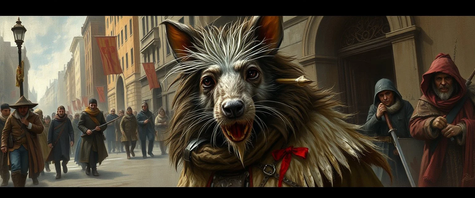 portrait of a hairy rock star wererat, fantasy art, style of Rembrandt,Dead drop discovery: While walking, a party member stumbles upon a small, blood-stained package hidden in a gutter. It contains a coded message to a cult of the Dead Three. 9-10 Parade of the Patriars: A noble's procession blocks the street with bone clubs. The crowd is forced to bow, and guards roughly shove anyone who doesn't move quickly enough.