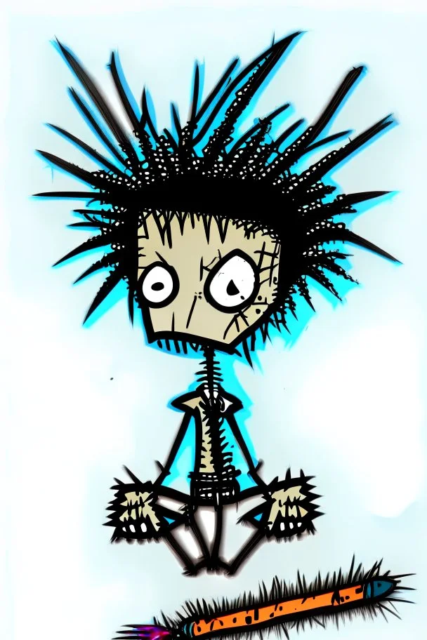 2d drawing of a stickman, cool with punk hair, x eyes like in hangman, laying flat on stomach,top view of full body,3d realistic in colour