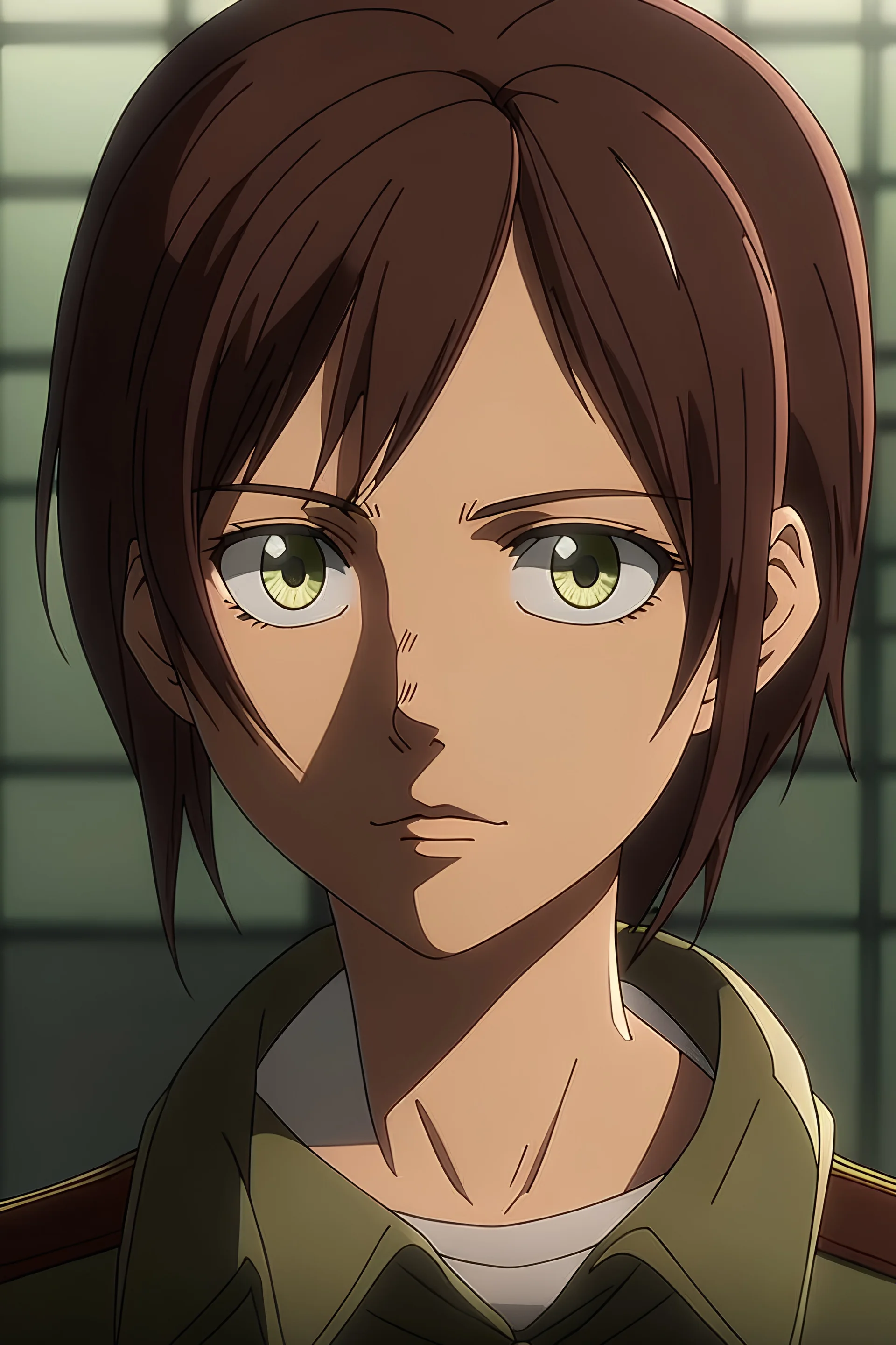 Draw a character from attack on titan, a woman in her early thirties with short dark brown hair and green eyes