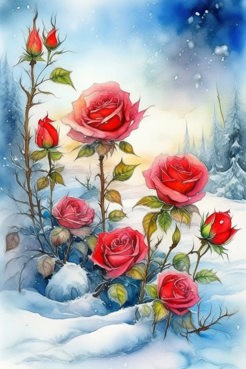 magic Winter landscape, blooming roses in the snow. Jean-Baptiste Monge style, watercolor, ink. Picturesque and colorful. Bright colors of the ring exquisitely luxury chic aesthetics photo harmony professional photo 64K pixel graphics high detail bright lighting