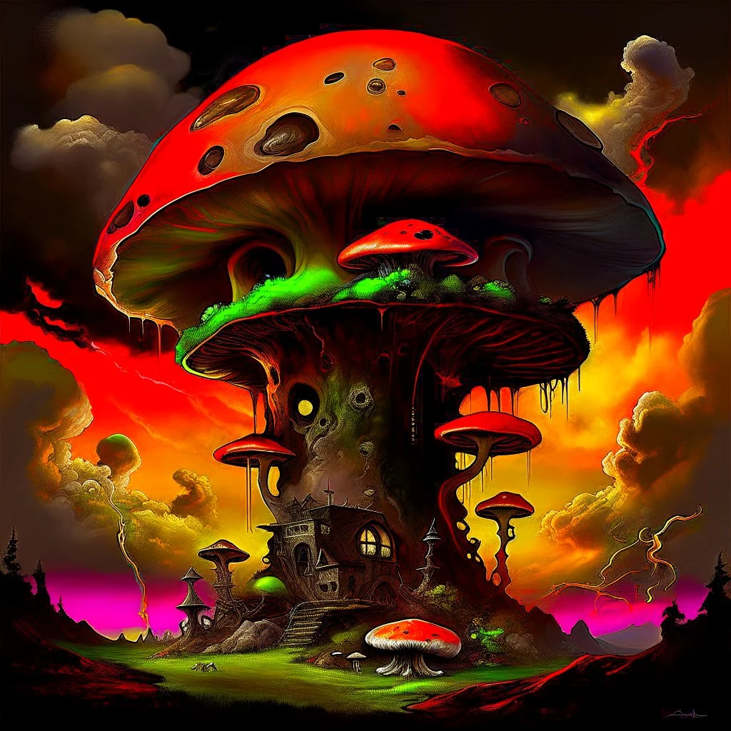 A fantabulous black, green and orange (((mushroom tower house))) erected atop a (geologic pillar), surrounded by the uncanny imaginative ((( swirling skies))), offset by the stark hues of a (neon-tinged nebulous space scape), within. captured by the hand a skilled master painter with a focus on (softly blurred compositions and voluminous lighting).