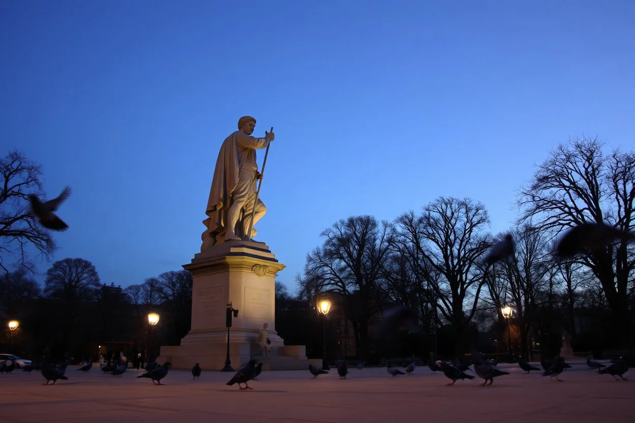 Park statue coming alive at twilight, stone becoming flesh gradually, pigeons unfazed, living monument