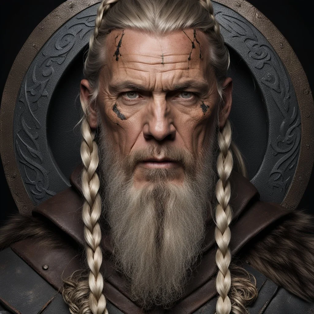 portrait of a 50-year-old viking ,blonde beard with grey highlight and long blond hair with Two small braids. Rugged face with a scar on his cheek, modern fantasy