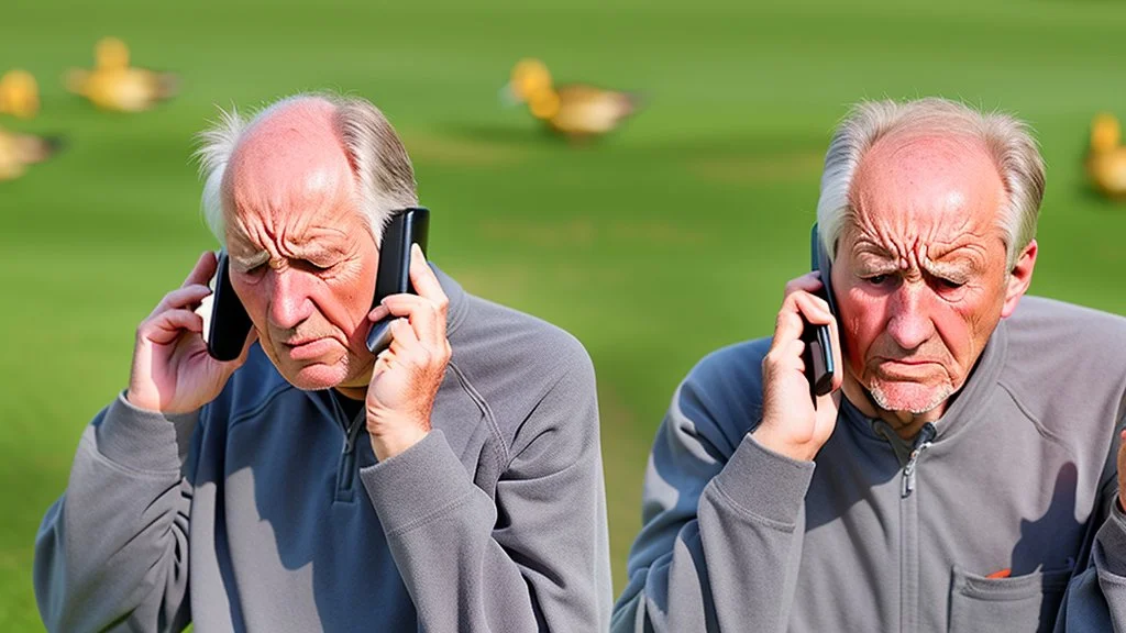 confused older man on the phone trying to get the ducks to leave