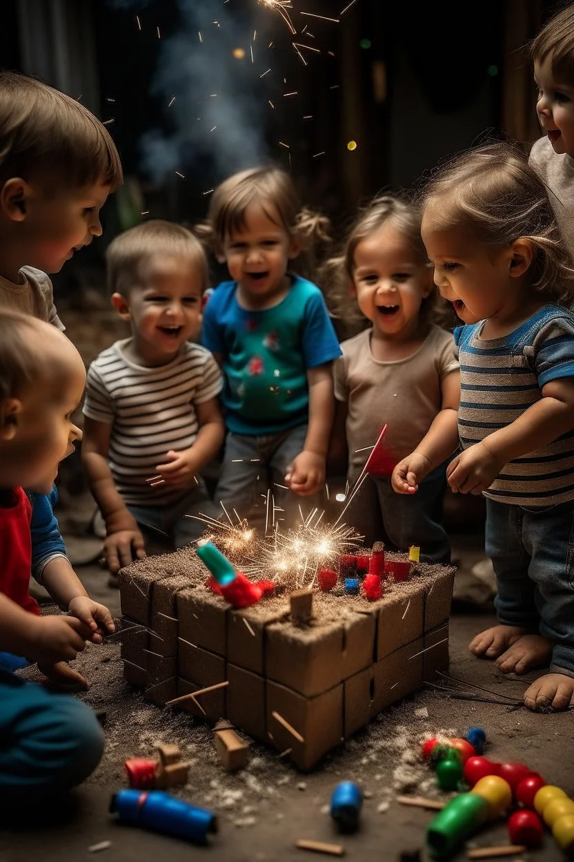 A group of five-year-old children gather and play with building blocks, while ribbons of firecrackers fly around them.