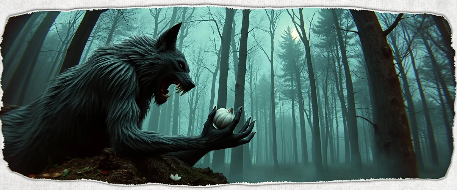 3d airbrush render,i was cooking garlic and went out to eat and something hit me hard and i wake up puked and wrestled a vampire werewolf and ran to the forest to sleep , pinhole cam, airbrush 3d rendering, in the style of Titian and Dali , torn edges on border