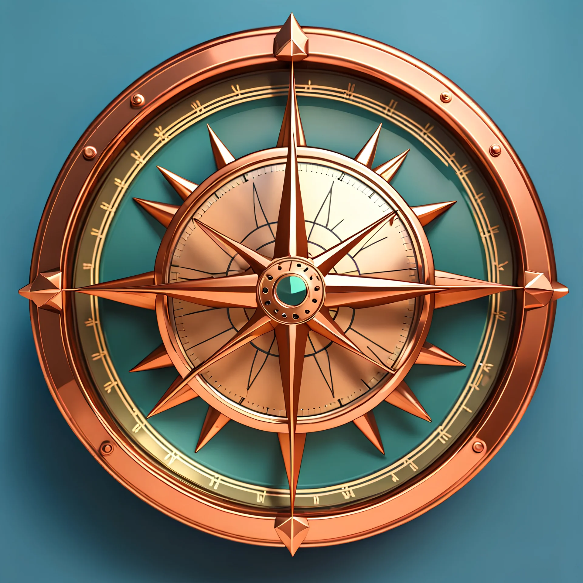 blocky 3D low poly cartoon render style of the metal retro vintage copper compass, top view from above