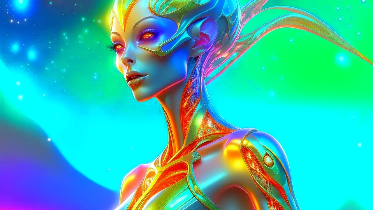 gorgeous female humanoid alien, slender muscular warrior, looking over shoulder at the sky, tentacles, coper zinc orichalcum jewelry and piercings, beautiful face, mesmerizing starry eyes, smooth translucent skin, hourglass, size DD.