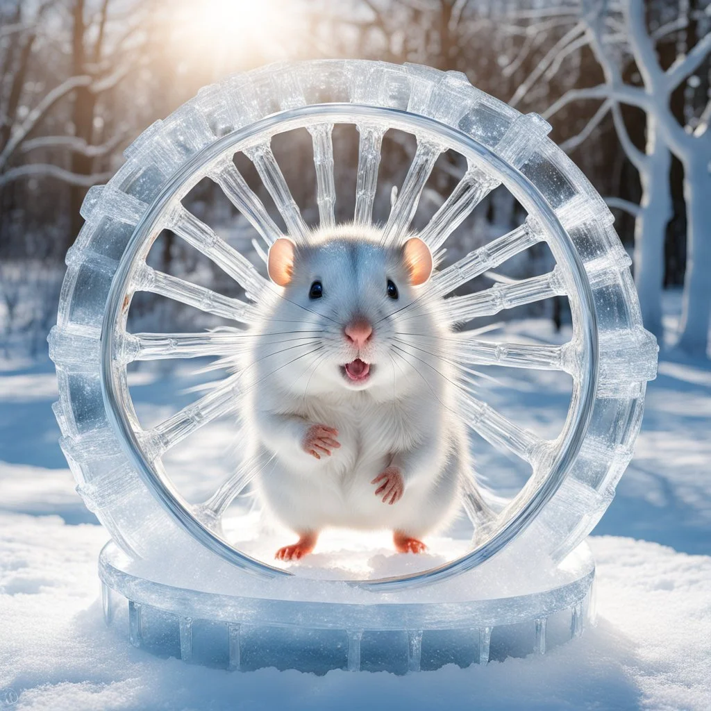 ICE sculpture representing a finely chiseled hamster running on a hamster wheel, High quality photo shot on Kodak gold 400, hyperdetailed dynamic lighting intricately detailed sunlight, city park beautiful winter background, ice sculpture, expansive, grand, impossible magnificence, ultra-detailed, 3d octane render, opulent detail, rule of thirds, by Peter Slavin