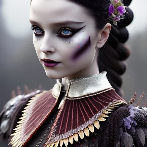 woolitize, Wednesday Addams, rusty metal, feathers, Dryad, fae, sidhe, ominous, nature, plants, wildflower, facepaint, dnd character portrait, intricate, oil on canvas, masterpiece, expert, insanely detailed, 4k resolution, retroanime style, cute big circular reflective eyes, Pixar render, unreal engine cinematic smooth, intricate detail , soft smooth lighting, soft pastel colors