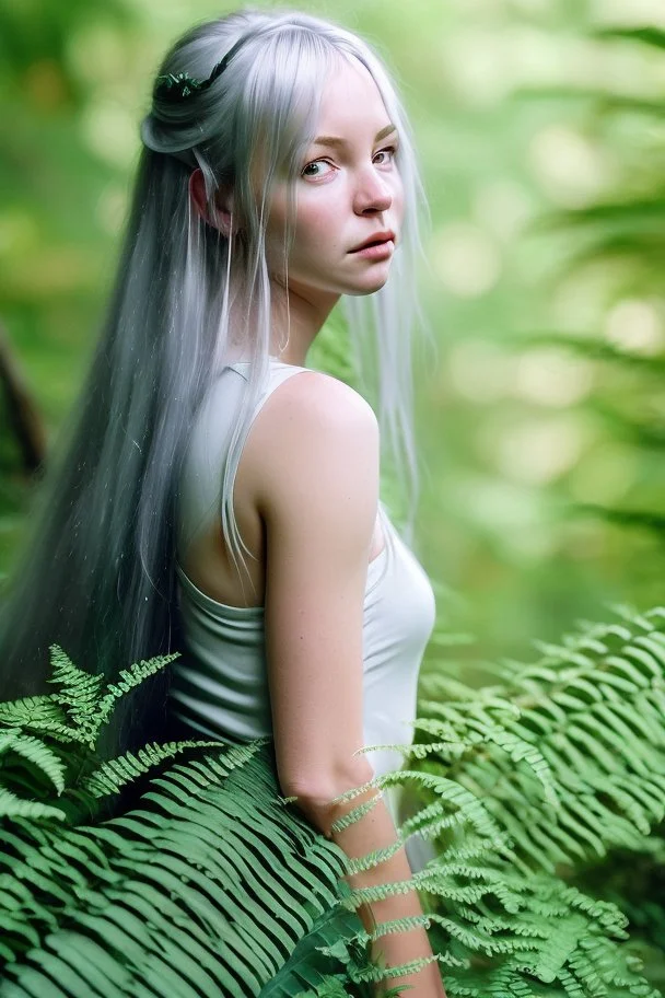 With a carefree abandon, Fiona sprawls amongst the ferns, her silvery hair fanning out around her like a halo of moonlight. Her cerulean eyes gleam with an otherworldly light, their pupils slightly dilated as they take in the ever-shifting colors of the hallucinatory world around her. Her cheeks bear a rosy flush, mirroring the warmth of her laughter and the forest's magic that courses through her veins. Her lips are curled into a perpetual smile, a testament to the joy that radiates from withi