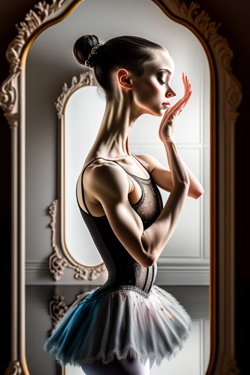 a beautiful ballerina, in a studio, Infront of a mirror, side profile with eyes looking slightly Down, her reflection in the mirror is however looking straight back at her and not looking down, scary, dark undertone, 12k, detailed painting, thick impasto and textures with rough brush strokes, chaos background with cracked paint, peeling off