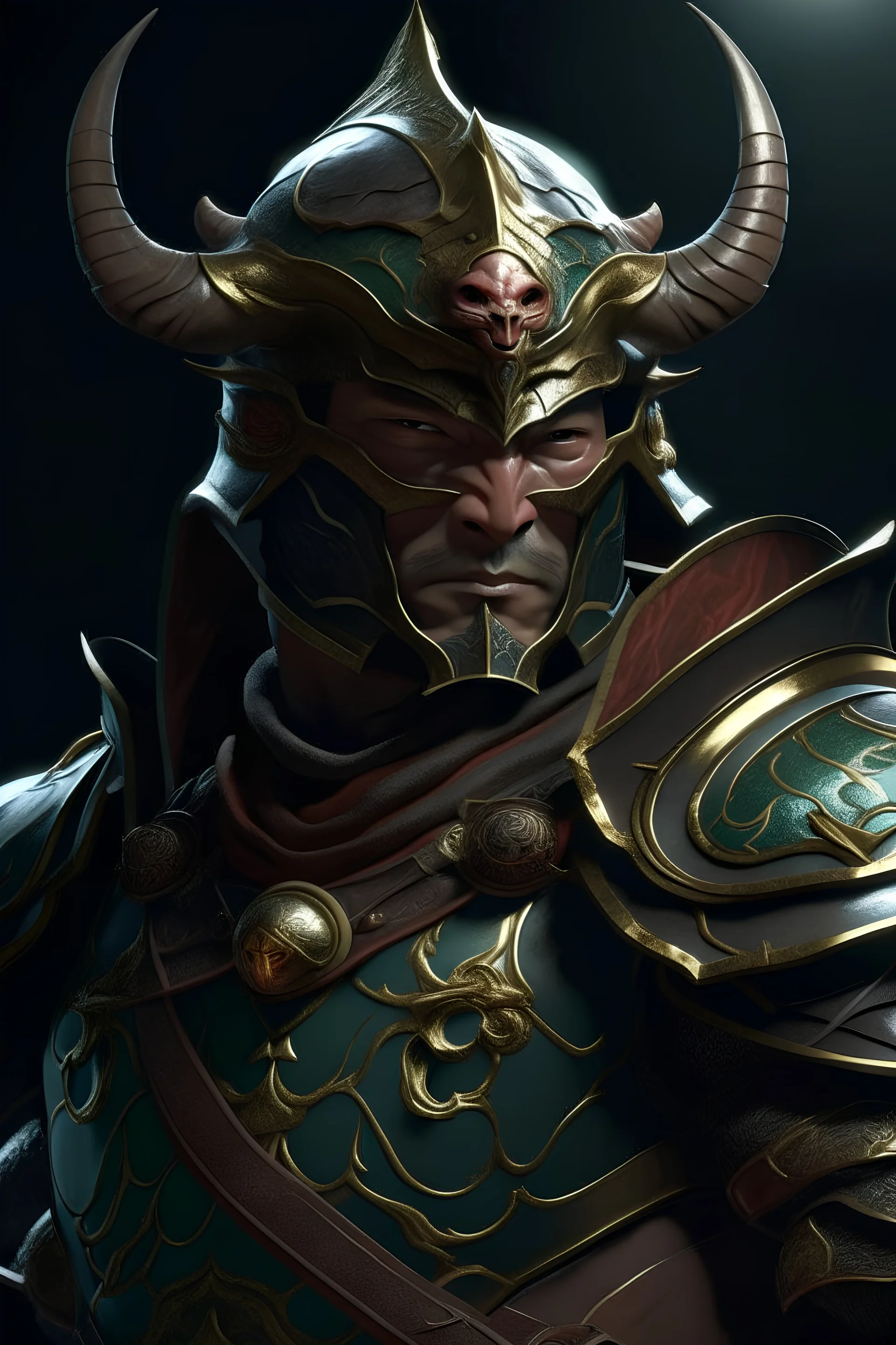 the ultimate dual wielder in dungeons and dragons, unending inner conflict of good and evil is visible in his character design and wearing asian inspired plate armor with a helmet that has a demon mask built into it. hyperrealistic, photorealism, illustration, art, digital art, 4k artwork, ranger gloomstalker, warlock, rogue, paladin