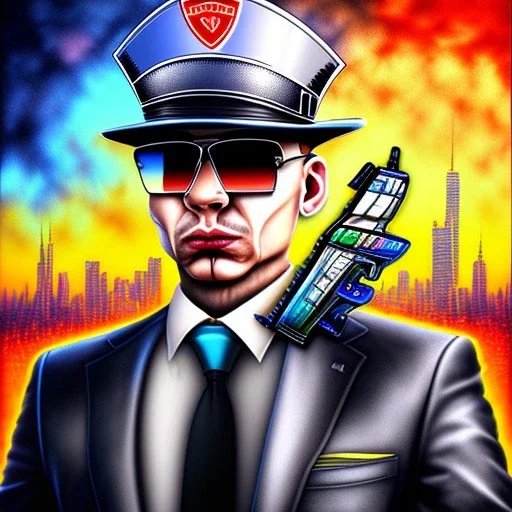 water color and spray paint art,upper body of pit-bull mafia boss with hat, holding up auto-pistol and wearing suit, city streets in background,run for cover, book illustration