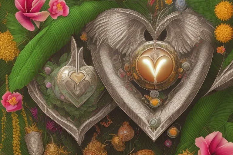 Tropical flowers, realistic heart drawing, crystals, tropical leaves, sacred altar, Fantasy temple