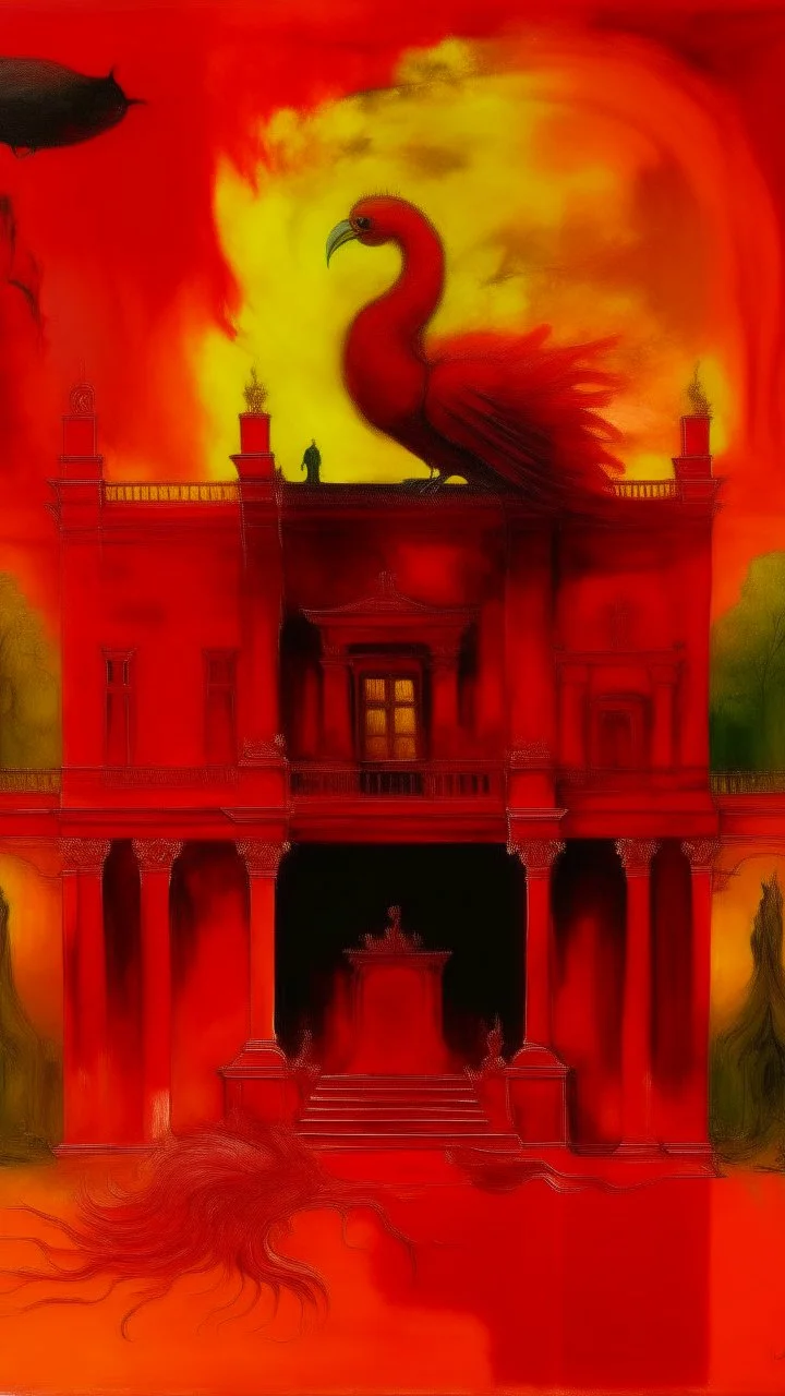 A red palace with a monstrous phoenix painted by painted by Mark Rothko