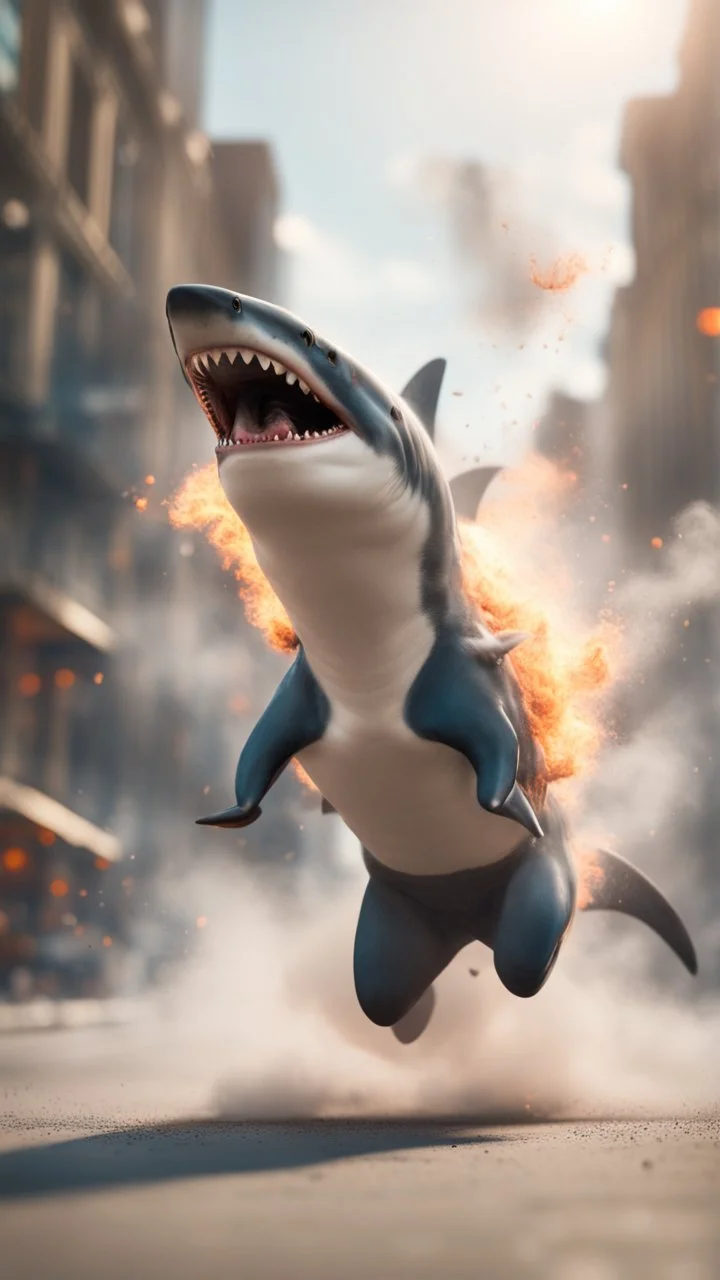 shark dog stunt man explosion and fall, smoke and blitz, bokeh like f/0.8, tilt-shift lens 8k, high detail, smooth render, down-light, unreal engine, prize winning