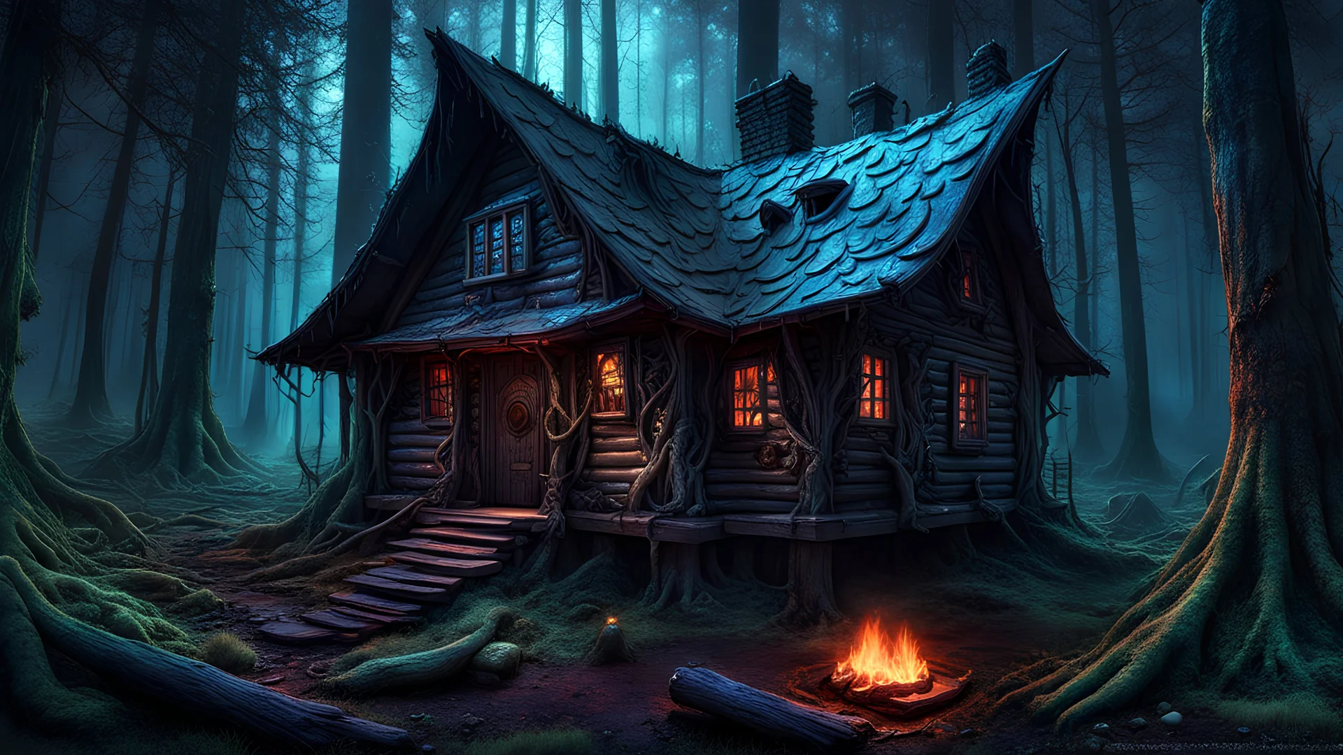 A gritty, full-body shot of an insatiably evil black opal iridescent pearlescent dark witchy log cabin in a surreal fantasy forest, macabre, Dariusz Zawadzki art style, liminal spaces, horror art, dark gaming background, wet, glossy, horror art, trypophobia, eerie, intricate details, HDR, beautifully shot, hyperrealistic, sharp focus, back lit, 64 megapixels, perfect composition, high contrast, cinematic