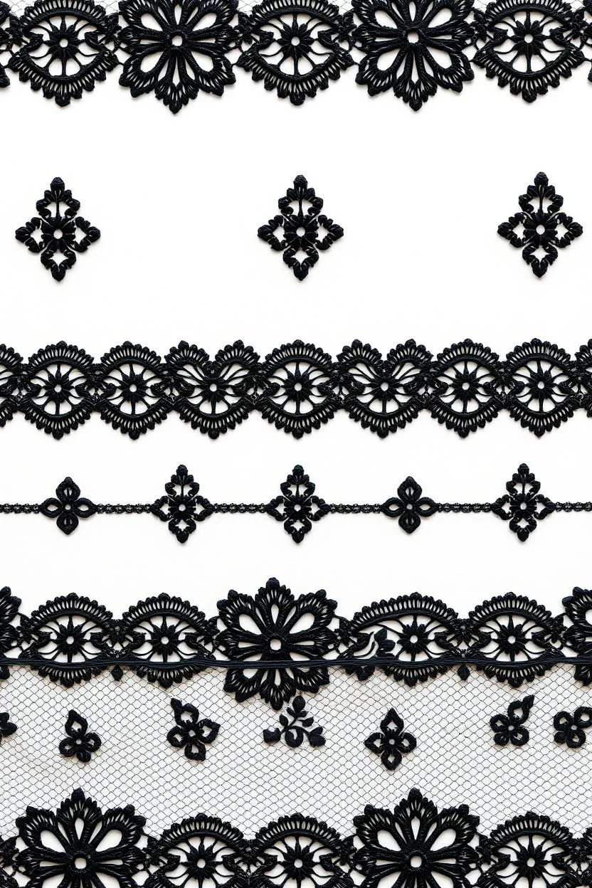 create a realistic image of tilabe black french chantilly pizzo laces pattern on a white matt surface, flatlay, made for seamless material, very detailed