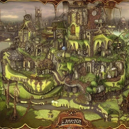 A Fantasy town On Many big tress with many lanyers a steampunk