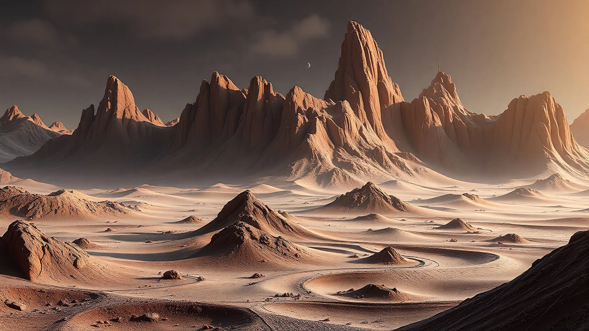 landscape made of mud that looks futuristic with futuristic lighting, realistic rendering