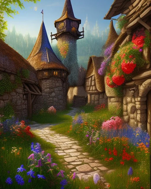 medieval fantasy village with flowers rpg art painterly