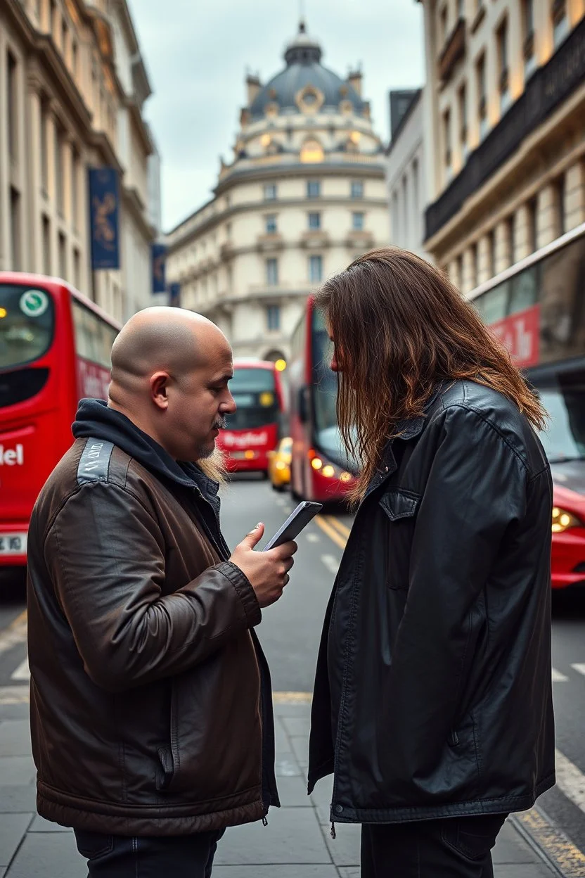 A stalker wants an autograph from a long-haired rock musician on a street in central London. The stalker is an overweight soon bald 25-year-old and looks a bit slimy, the atmosphere is oppressive and unpleasant, lot of traffic and london busses, hectic hour, a nice hotel