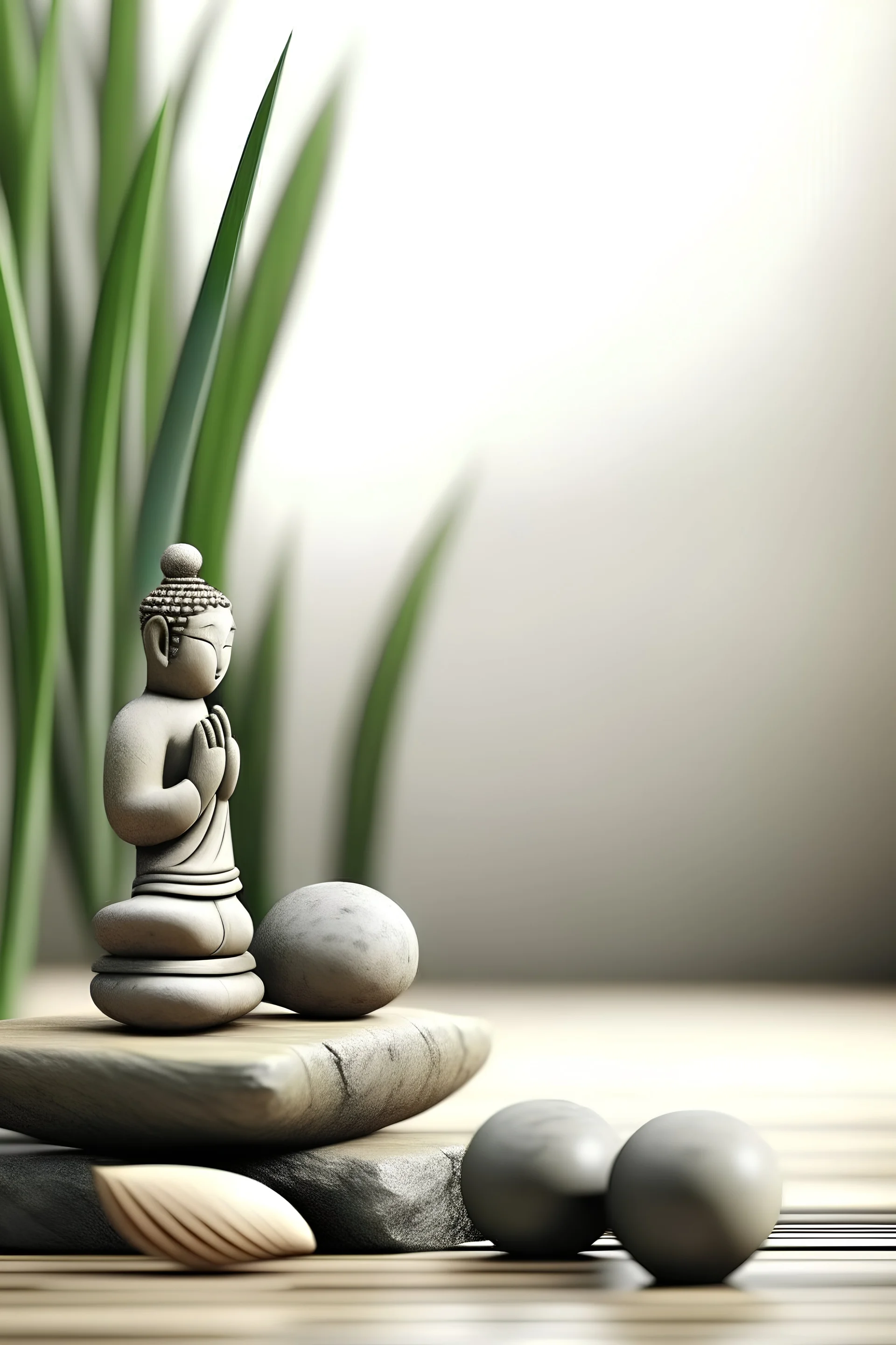 delicate background with spa stones and a bamboo stem, in the background there is a moiré figure of a female statue sitting on the stones, photorealistic photo