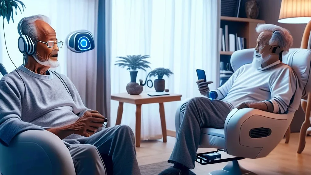 man sitting in his lazy boy chair at home argues with his AI clone that is in a different location over the phone