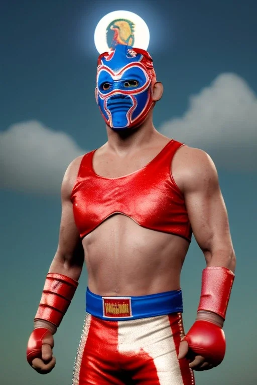 realistic image of joe biden as a mexican wrestling fighter posing, Mexican eyes wrestling mask, red and blue breeches, retro style, 80s, vibrant color, highly detailed, sky background, concept art, unreal engine 5, god rays, ray tracing, RTX, lumen lighting, ultra detail, volumetric lighting, 3d, finely drawn, high definition, high resolution.