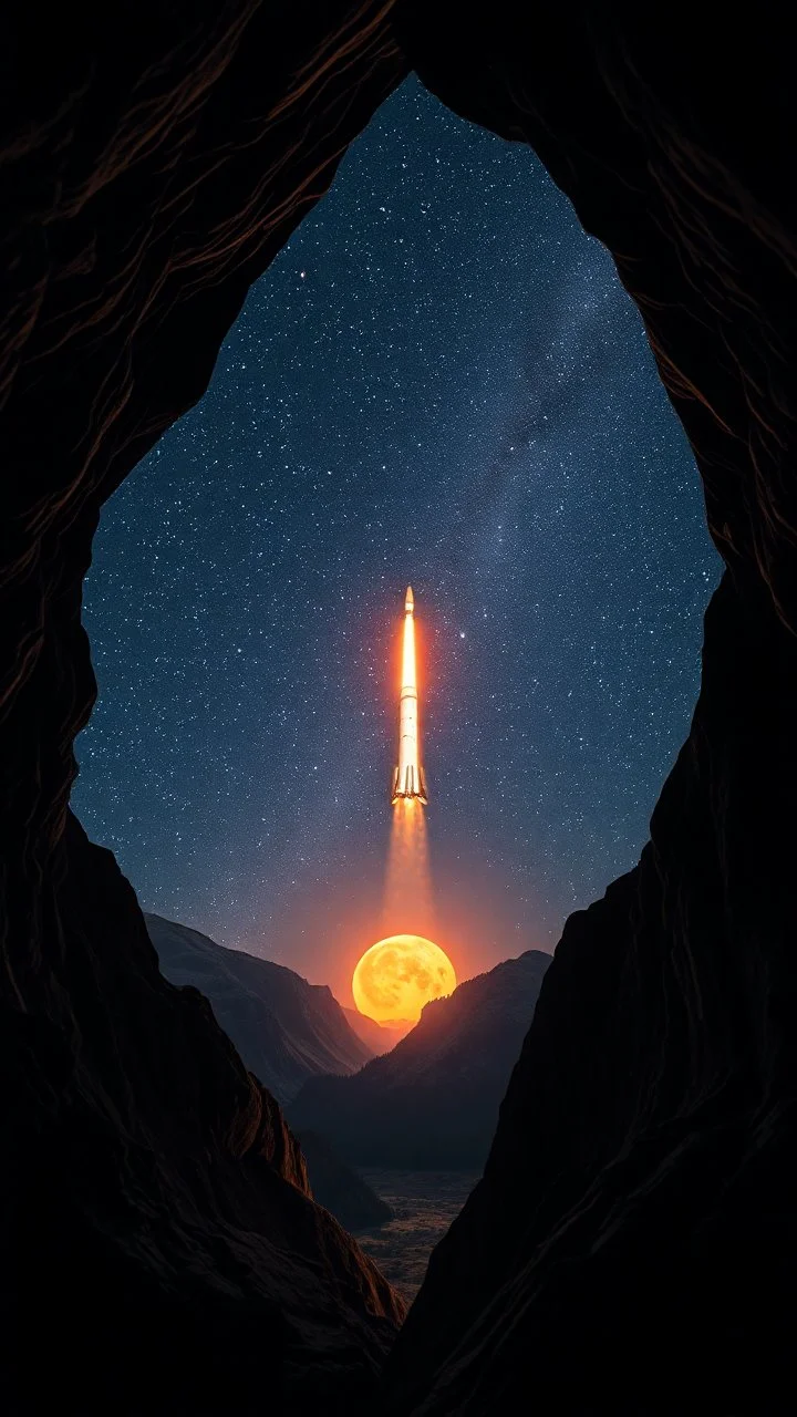 surreal glowing in dark, millions of stars. A SpaceX rocket is lunching toward the space , a sun view through a mountain cave in double exposure 4k , High quality photo picture