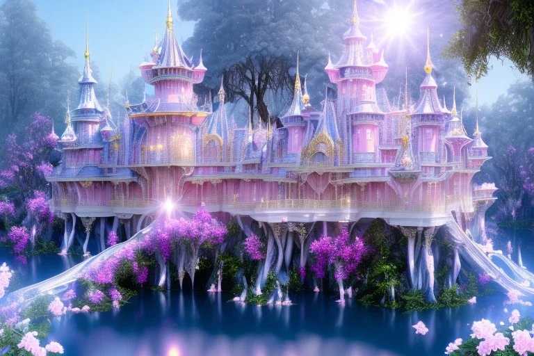 a magical crystal flower magnolias blue gold house palace castle in the woods, magnolias pink,blue lake,sun,white swanns,pink vertical, blue lake,sharp, vines, candlelit, endor, ornate, elegant, highly detailed, artstation, concept art, smooth, sharp focus, illustration, 8k, splash art, wallpaper, key visual