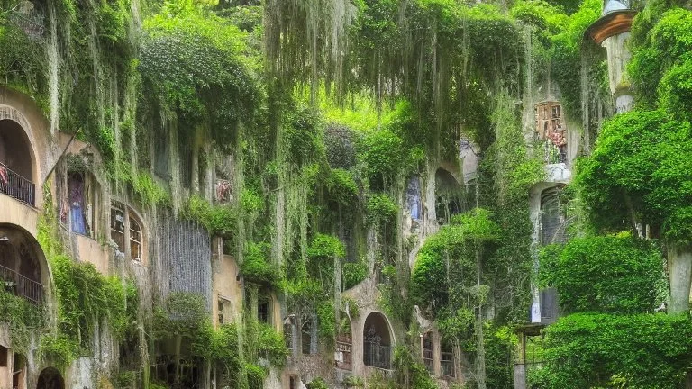 Gigantic mushroom village with balconies, archways, stairs, bridges, bushes, spanish moss, ivy, river, a winding pathway through the middle, in a valley