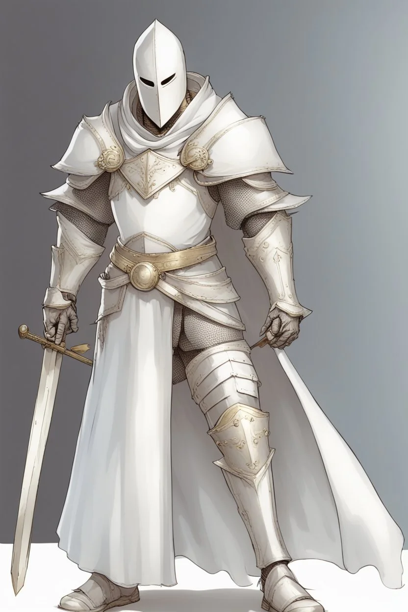 Knight wearing white armor and white cape with white face mask, holding a two handed sword