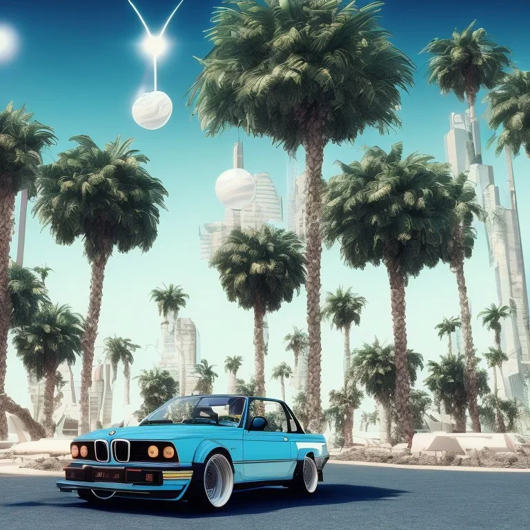 1980's aesthetic vaporwave palm trees and spheres and bmw