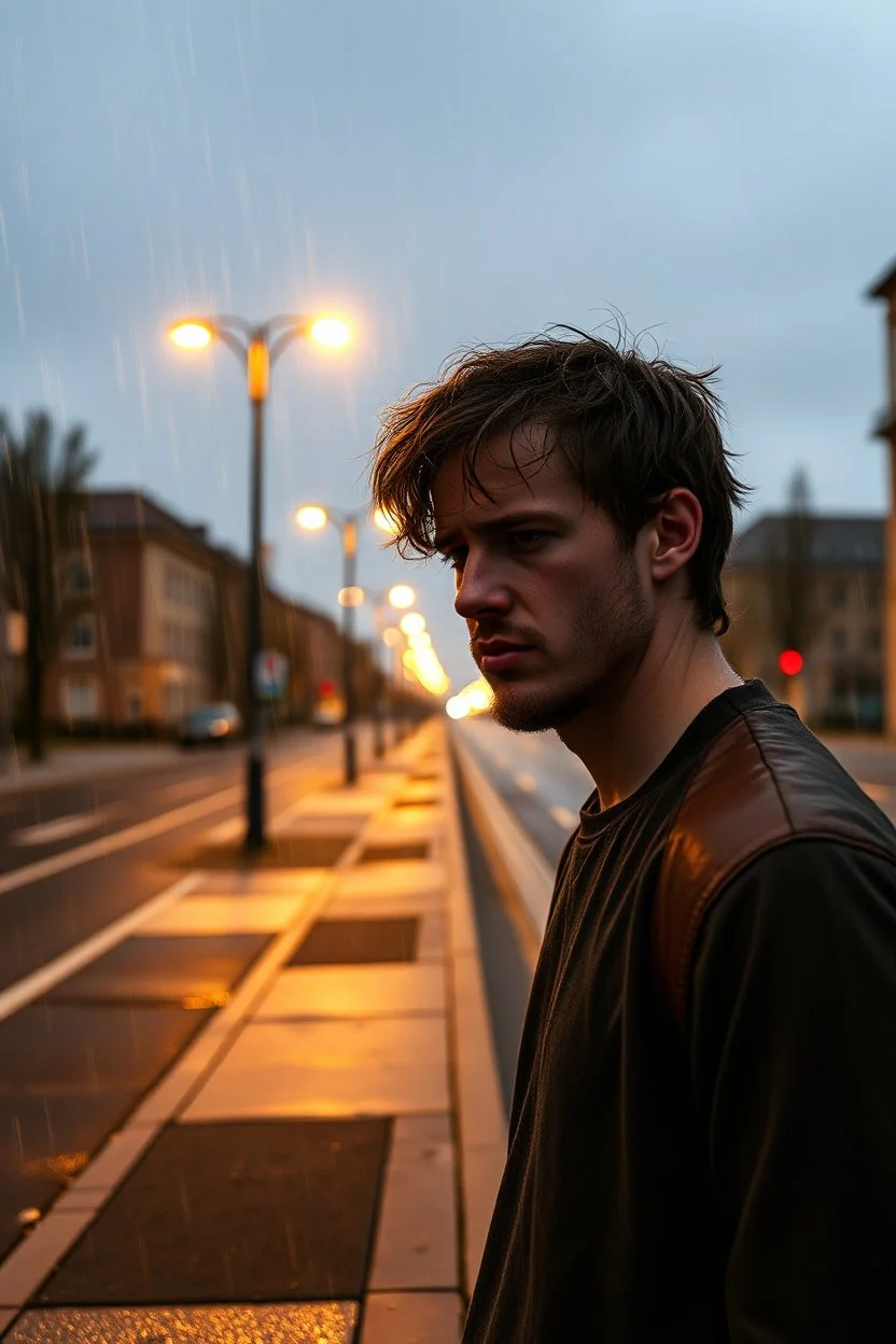 a very disappointed member of a rock band who has been kicked out of a rehearsal space in Sweden, he stands outside in the rain and cries, street lamps shining, raindrops, wind, empty roads and cycle paths next to it