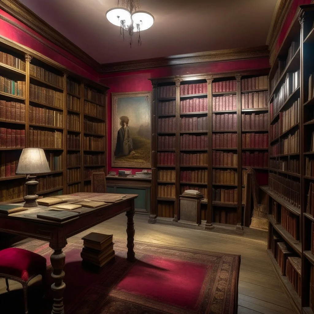 A grayish magenta library filled with magical books painted by Edgar Degas