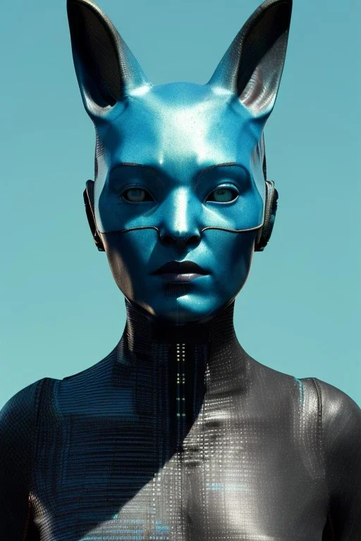 Medium Close Up Portrait, Front image. cyberpunk, rabbit mask, Italian woman, cyan short hair. latex, carbon suit. Cyan, black, blue, color. Retro futuristic style. Color background, photo studio. Avatar image, highly detailed, concept art, smooth, unreal engine 5, god rays, ray tracing, RTX, lumen lighting, ultra detail, volumetric lighting, 3d, finely drawn, high definition, high resolution.