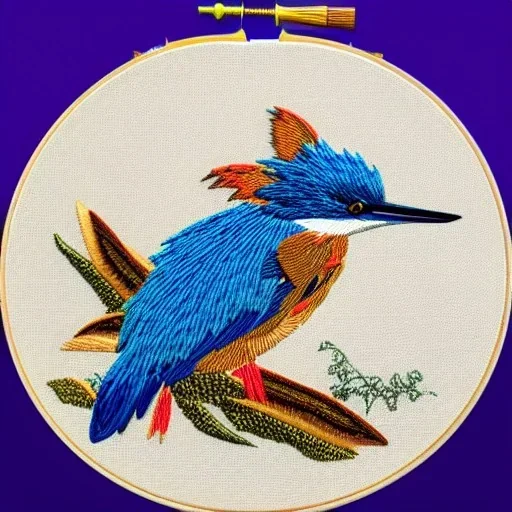 metallic kingfisher in embroidery hoop, intricate, highly detailed