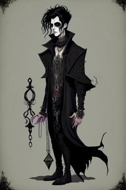 black haired young man necromancer wizard with gothic jewelry in the style of clive barker