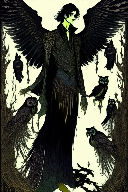 Black haired, owl-man, Skinny, warlock, with black wings, and owl legs, in the style of Harry Clarke