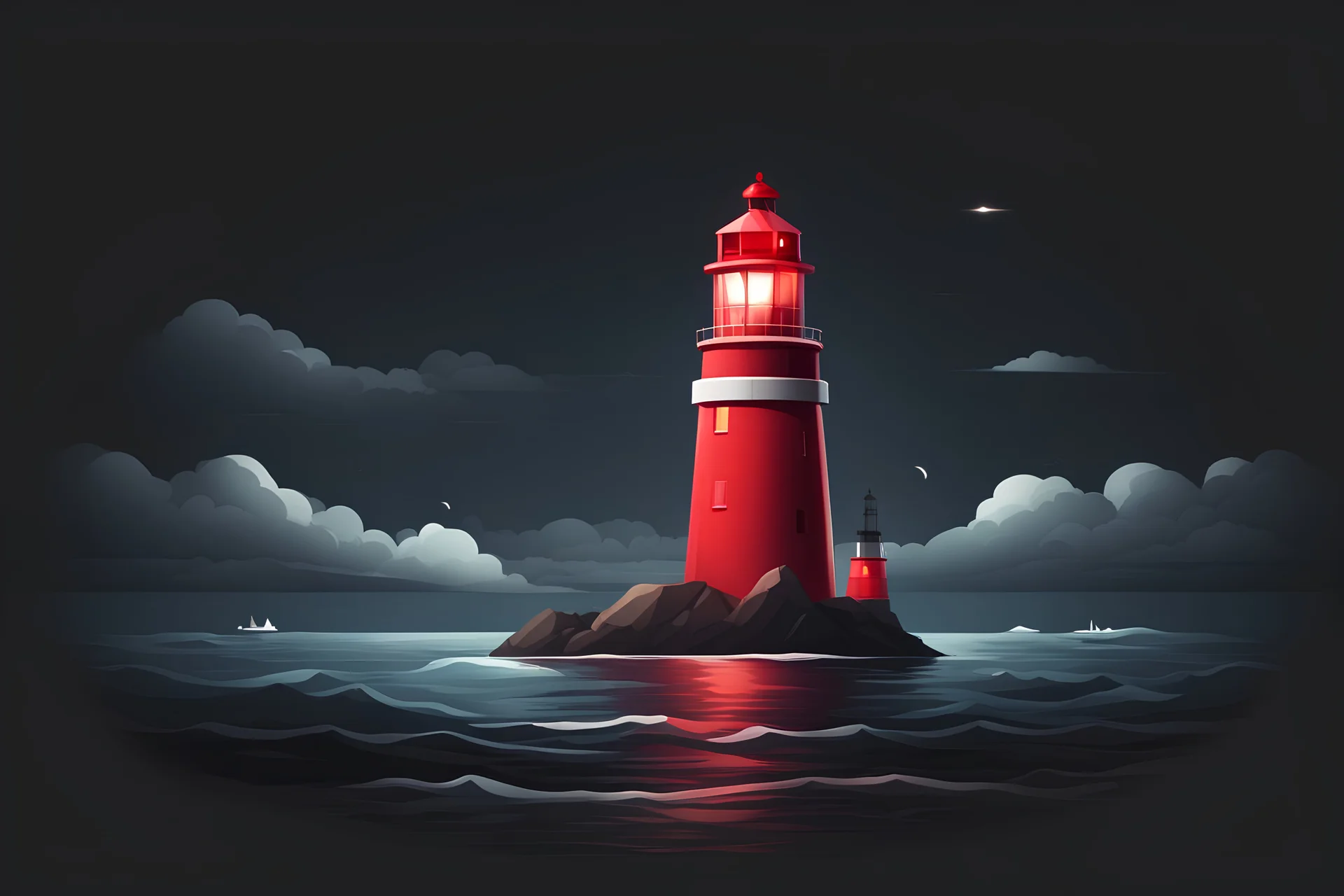 design an app store icon with a red lighthouse in the center shining its light out into the distance of the ocean over a dark black background