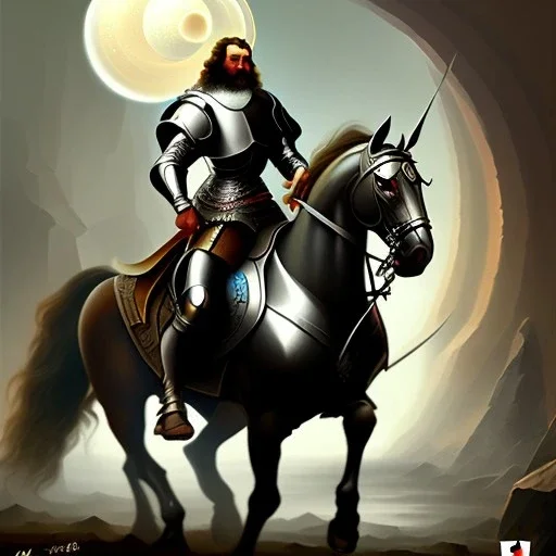 retrato de un caballero medieval montando a caballo con armadura frank frazetta style