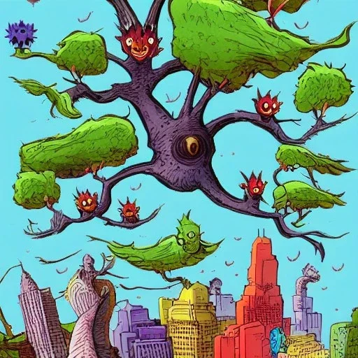  kaiju birds in a tree near a city by dr seuss