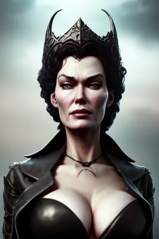 Lena Headay as evil queen in black leather, busty, cleavage, voluptuous, lena headay, angry, stern look. character design by cory loftis, fenghua zhong, ryohei hase, ismail inceoglu and ruan jia. unreal engine 5, artistic lighting, highly detailed, photorealistic, fantasy