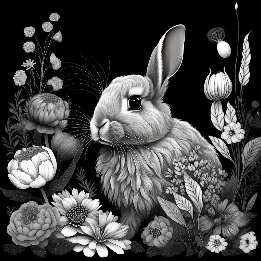 colorless a beautiful rabbit between seeds and big flowers black background .black and white colors. for a coloring. with grayscale