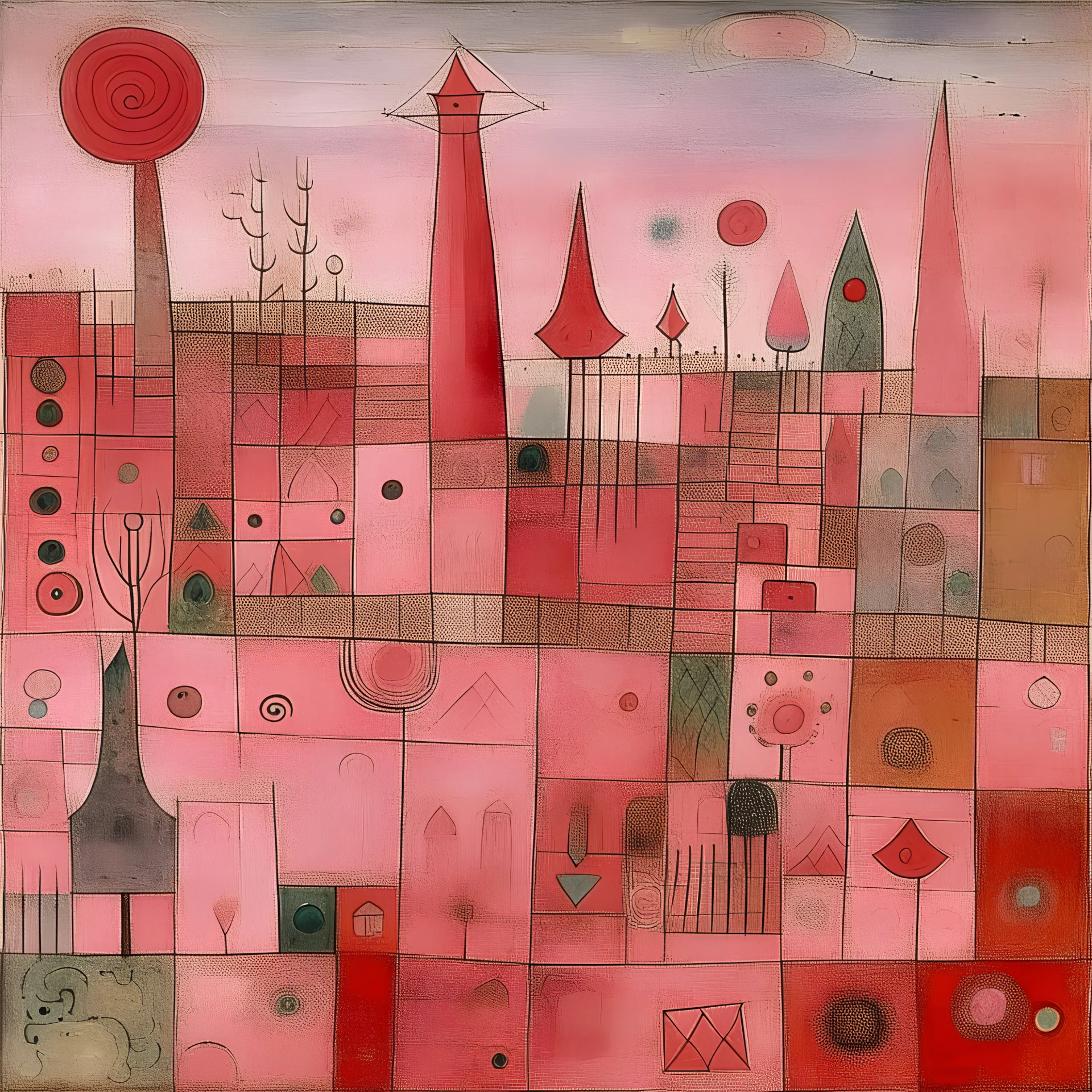 A pink magical realm painted by Paul Klee