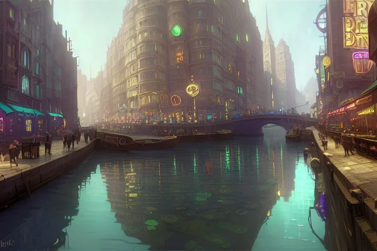 Canal River and corner shop greengrocer in colorful Italian street+Gothic city+BioShock+Dishonored+Bloodborne +trieste+Edinburgh+Chicago+victorian London+decòpunk Skyscraper+ +steampunk+biopunk+alphonse mucha, greg rutkowski,matte painting, cryengine, hyper detailed, felix kelly, fantasy art, seb mckinnon